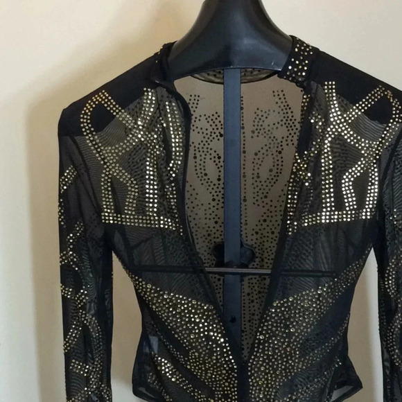 Sexy Sheer Black Mesh Bodysuit – Gold Rhinestone Embellished, Long Sleeve - Picture 6 of 8